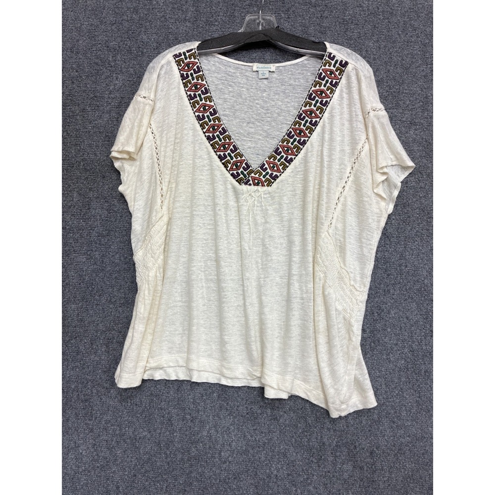 Sundance 100% Linen Embroidered V-Neck Flutter Sleeve Top Ivory Boho Large